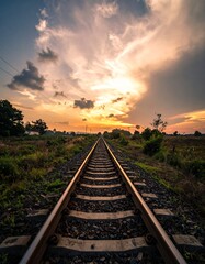 Dramatic Sunset Over Railway Tracks Leading into the Horizon, Scenic Landscape.