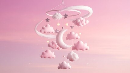 Baby mobile with pink clouds stars.