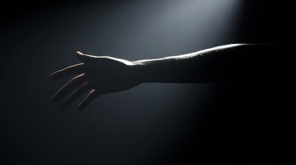 Obraz premium forearm. Silhouetted forearm reaching toward a light source against a dark gradient background. wellbeing guides, coaching materials, designed for mental health education and mindfulness programs.