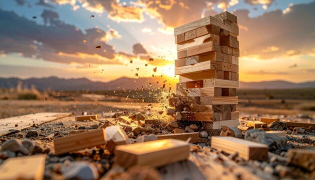 Dramatic Sunset Scene of a Collapsing Wooden Block Tower in a Desert Landscape.