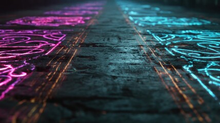 Abstract glowing geometric patterns on dark textured surface