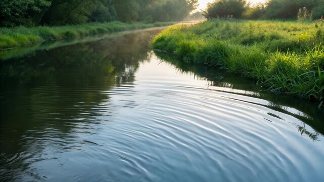 Peaceful river landscape with green grass and trees reflecting water ripples promoting conscious tourism zero carbon impact nature reflection ripple