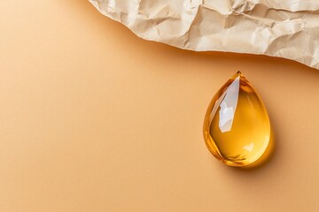 Golden Water Drop on Crumpled Paper Surface with Warm Background Colors and Textures