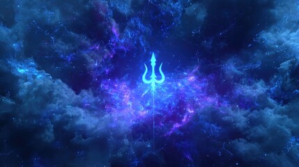 Abstract illustration of a glowing trident within a cosmic celestial background