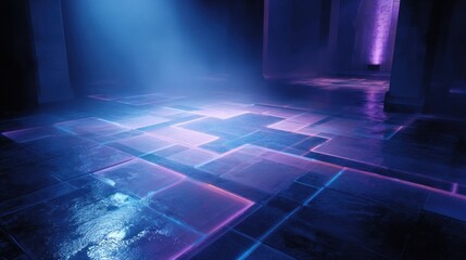 Abstract futuristic illuminated floor with geometric shapes and atmospheric light