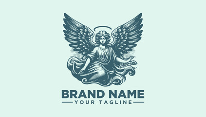 Vintage Engraved Angel Logo Vector Illustration with Wings and Halo &ndash; Spiritual Divine Messenger Design for Brand Identity