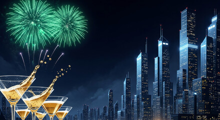 Skyline at night, with celebratory fireworks and beverage glasses with liquid. Image representing celebration, occasion, special event, and festivity