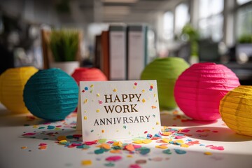 Celebration of work anniversary with colorful lanterns and confetti arranged on a desk in a bright office setting during daytime