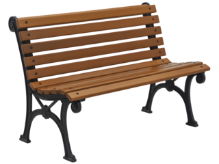 Classic wooden park bench with ornate black cast iron frame isolated on a transparent background