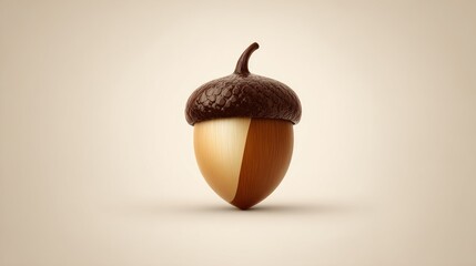 Glossy acorn standing, brown cap, smooth shell, on light tan background