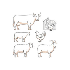 Fototapeta premium A collection of various farm animals including a cow, calf, sheep, goat, and chickens with a small barn.