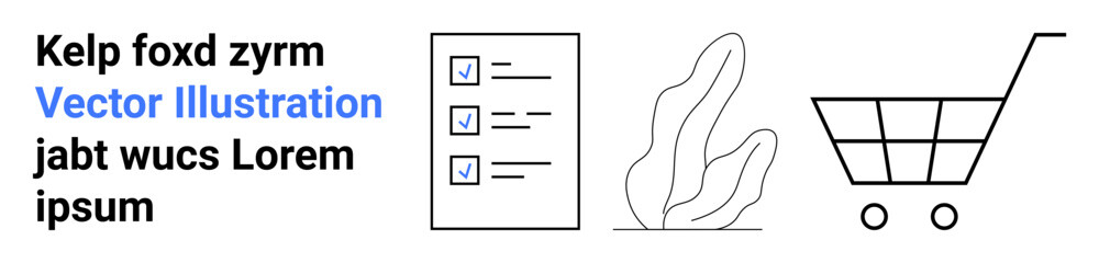 E-commerce, organization, creativity, marketing, minimal design, online shopping. Checklist, abstract plant shopping cart with placeholder text. E-commerce and organization concept © robu_s