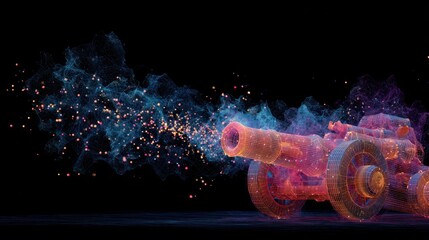 Abstract cannon firing with digital particle effect and creative design