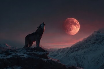 Majestic wolf howls beneath a blood-red moon on a snowy mountain peak at dusk, evoking the essence of wilderness and mystery in a fantasy setting