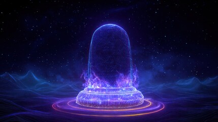 Abstract futuristic design with glowing dome and digital flame effects on dark background