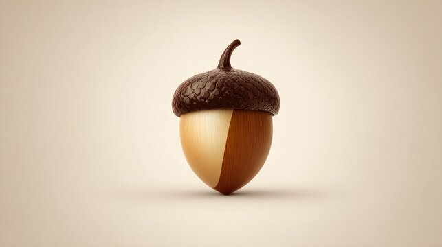 Glossy acorn standing, brown cap, smooth shell, on light tan background - Powered by Adobe