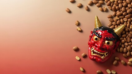 Setsubun Background With Roasted Soybeans and Oni Mask Ornament Traditional Ritual Scene