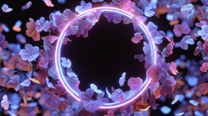 Abstract floral composition with a neon circle in the center isolated on black