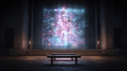 Abstract light display in a dark chamber with benches and candles