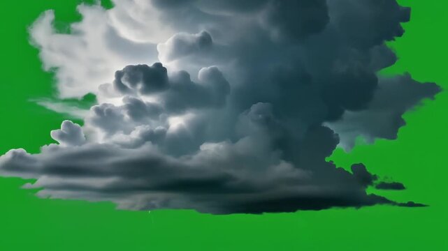 A colossal and powerful dark storm cloud formation, a massive cumulonimbus cloud on a chroma key green background, foreshadowing intense weather and atmospheric change with dramatic effect