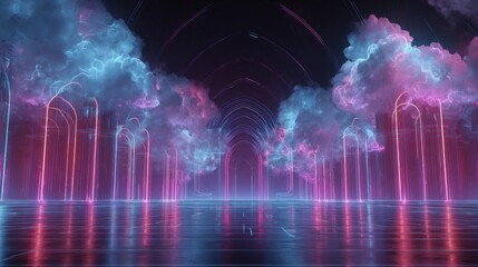 Abstract futuristic scene with neon lights and reflective floor