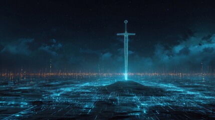 Abstract illustration of a glowing sword against a futuristic landscape