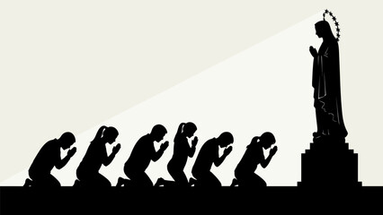 People kneeling in prayer before a statue of a religious figure on a pedestal in a solemn moment.