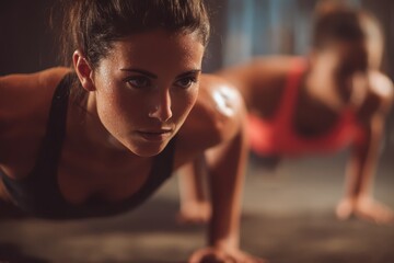 Fototapeta premium Women engage in intense push-up training to strengthen arm muscles in a gym setting during evening hours