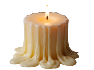 Burning ivory candle with melting wax dripping down the sides against a black background