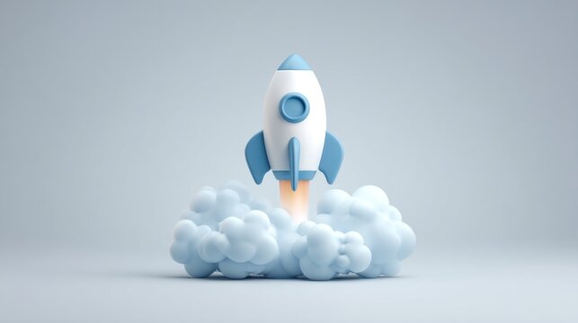 Cute, cartoon-styled rocket takes off with cloud smoke in a light gray background