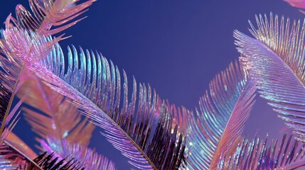 Abstract illustration of iridescent leaves against a dark blue background