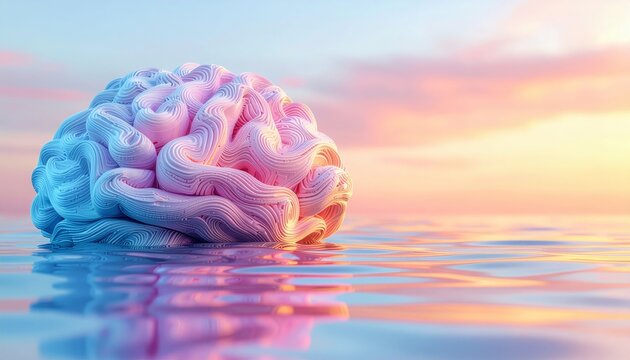 A pastel-colored brain floats on calm water with a serene sunset in the background conveying mental health and wellness concepts. - Powered by Adobe