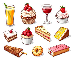 A delightful assortment of desserts and beverages including cakes fruits and drinks