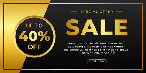 Sale banner template with elegant black and gold luxury background, up to 40% off, suitable for sale promotions, e-commerce, marketing ads, social media, websites, and pages