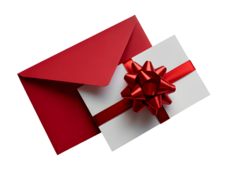 Bright red ribbon bow adorns a white gift card partially emerging from a deep red envelope