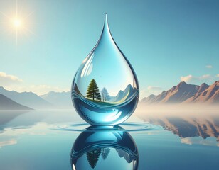 A large water droplet containing a serene mountain landscape with a tree, reflecting on calm water, set against a sunny sky with mountains and a peaceful atmosphere, representing mental and