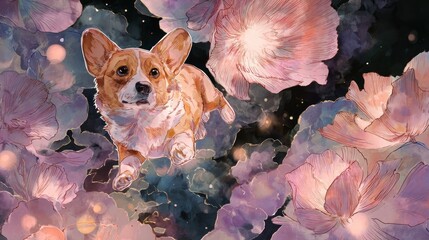 Corgi dog floating in floral dreamscape colorful artwork watercolor style