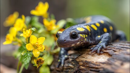 Obraz premium A close-up view of a vibrant spotted salamander perched on a wooden log, near bright yellow flowers in a lush outdoor setting