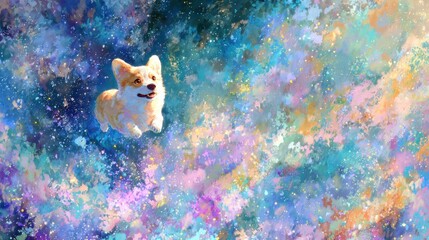 Corgi dog floating in vibrant colorful background illustration