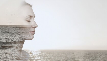 A serene woman's face emerges from a body of water, conveying a sense of mental health and calmness with a soft focus and pastel color palette.