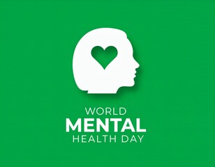 Green poster with a white silhouette of a human head featuring a heart inside, promoting World Mental Health Day with bold typography on a solid background.