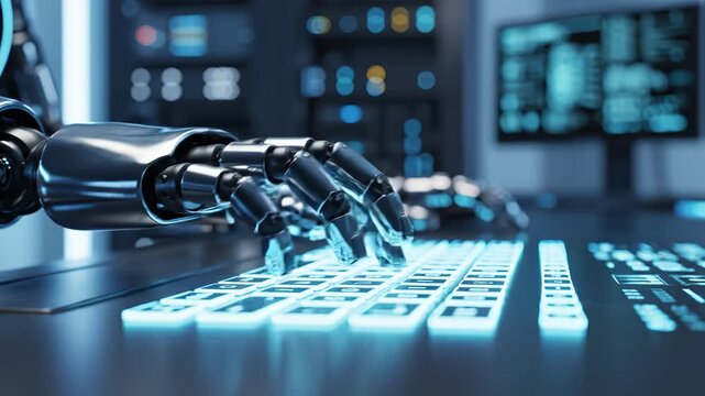 Robot hand typing on glowing keyboard