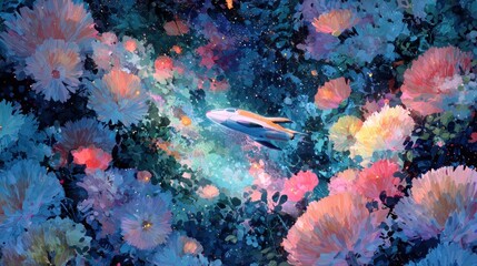 Abstract illustration of a spaceship among stylized flowers in a dreamlike scene