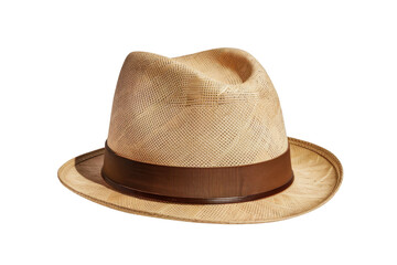 A classic light brown woven straw fedora hat, featuring a distinct dark brown ribbon band, elegantly displayed on a clean white background with a subtle shadow, perfect for summer fashion and travel.