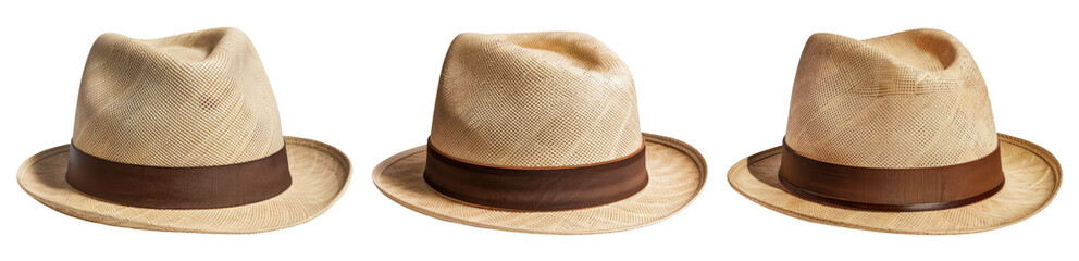 Three elegant straw hats with classic brown bands, presented from various angles, showcasing their intricate weave and timeless design on a clean white background.