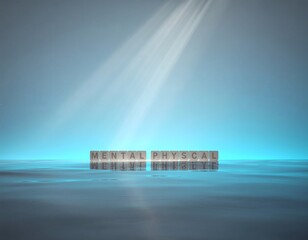 A serene digital composition featuring wooden blocks with 'MENTAL HEALTH' text on calm water with rays of light shining down, conveying a sense of hope and positivity in a soothing blue