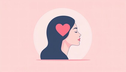 Flat illustration of a woman's head with a pink heart replacing her brain on a light pink background conveying mental health.