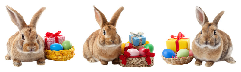 Three adorable brown Easter bunnies sitting beside baskets filled with colorful eggs and festive gift boxes, set against a clean white background, perfect for holiday celebrations.