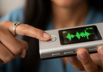 Close-up of a finger pressing the record button on a digital voice recorder. Starting an audio interview or podcast with a soundwave on the screen
