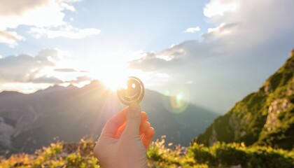 A serene young woman in an orange shirt and straw hat stands on a lush green hillside, contemplating mental health while taking in the breathtaking mountain landscape with a sunny sky and